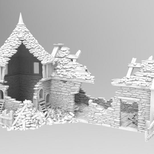 Grimdale Pigsty & Chicken Coop for tabletop wargaming, ruined farm structures, DnD, Pathfinder, Bolt Action, Revolutionary War games, 3D printed PLA terrain, high-quality ruins, realistic textures, strategic gameplay, RPG scenery.