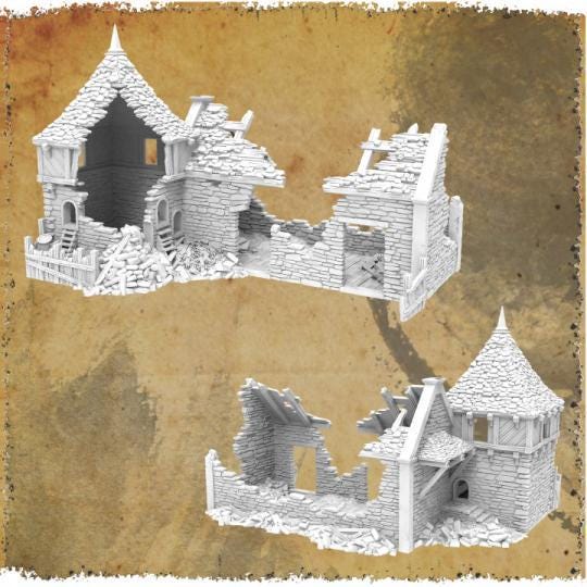 Grimdale Pigsty & Chicken Coop for tabletop wargaming, ruined farm structures, DnD, Pathfinder, Bolt Action, Revolutionary War games, 3D printed PLA terrain, high-quality ruins, realistic textures, strategic gameplay, RPG scenery.