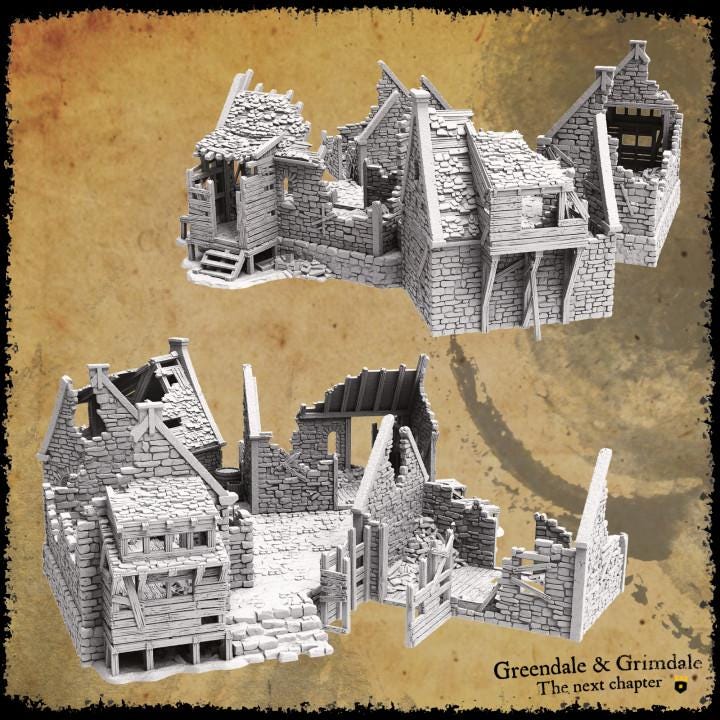 Grimdale Slums Set of 3 with common grounds plateau for tabletop wargaming, ruined slums, DnD, Pathfinder, Bolt Action, Revolutionary War games, 3D printed PLA terrain, high-quality ruins, realistic textures, strategic gameplay, RPG scenery.