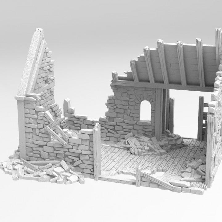 Grimdale Slums Set of 3 with common grounds plateau for tabletop wargaming, ruined slums, DnD, Pathfinder, Bolt Action, Revolutionary War games, 3D printed PLA terrain, high-quality ruins, realistic textures, strategic gameplay, RPG scenery.