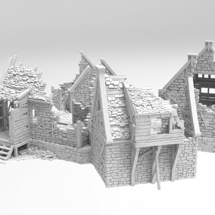 Grimdale Slums Set of 3 with common grounds plateau for tabletop wargaming, ruined slums, DnD, Pathfinder, Bolt Action, Revolutionary War games, 3D printed PLA terrain, high-quality ruins, realistic textures, strategic gameplay, RPG scenery.