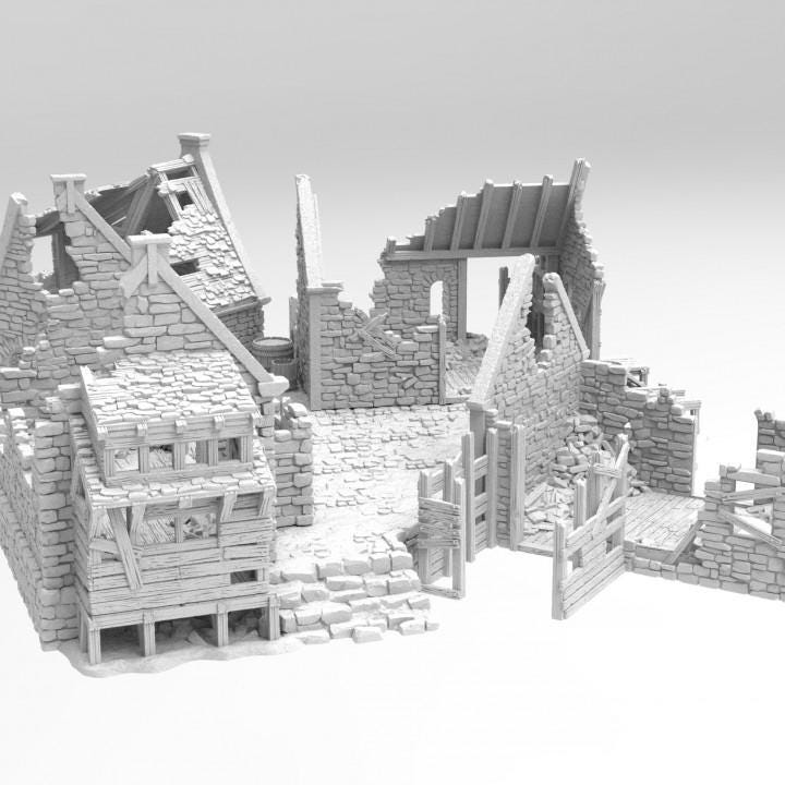 Grimdale Slums Set of 3 with common grounds plateau for tabletop wargaming, ruined slums, DnD, Pathfinder, Bolt Action, Revolutionary War games, 3D printed PLA terrain, high-quality ruins, realistic textures, strategic gameplay, RPG scenery.