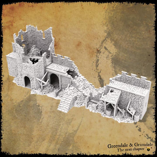 Grimdale Stables & Storage for tabletop wargaming, ruined stables, DnD, Pathfinder, Bolt Action, Revolutionary War games, 3D printed PLA terrain, high-quality ruins, realistic textures, strategic gameplay, RPG scenery.