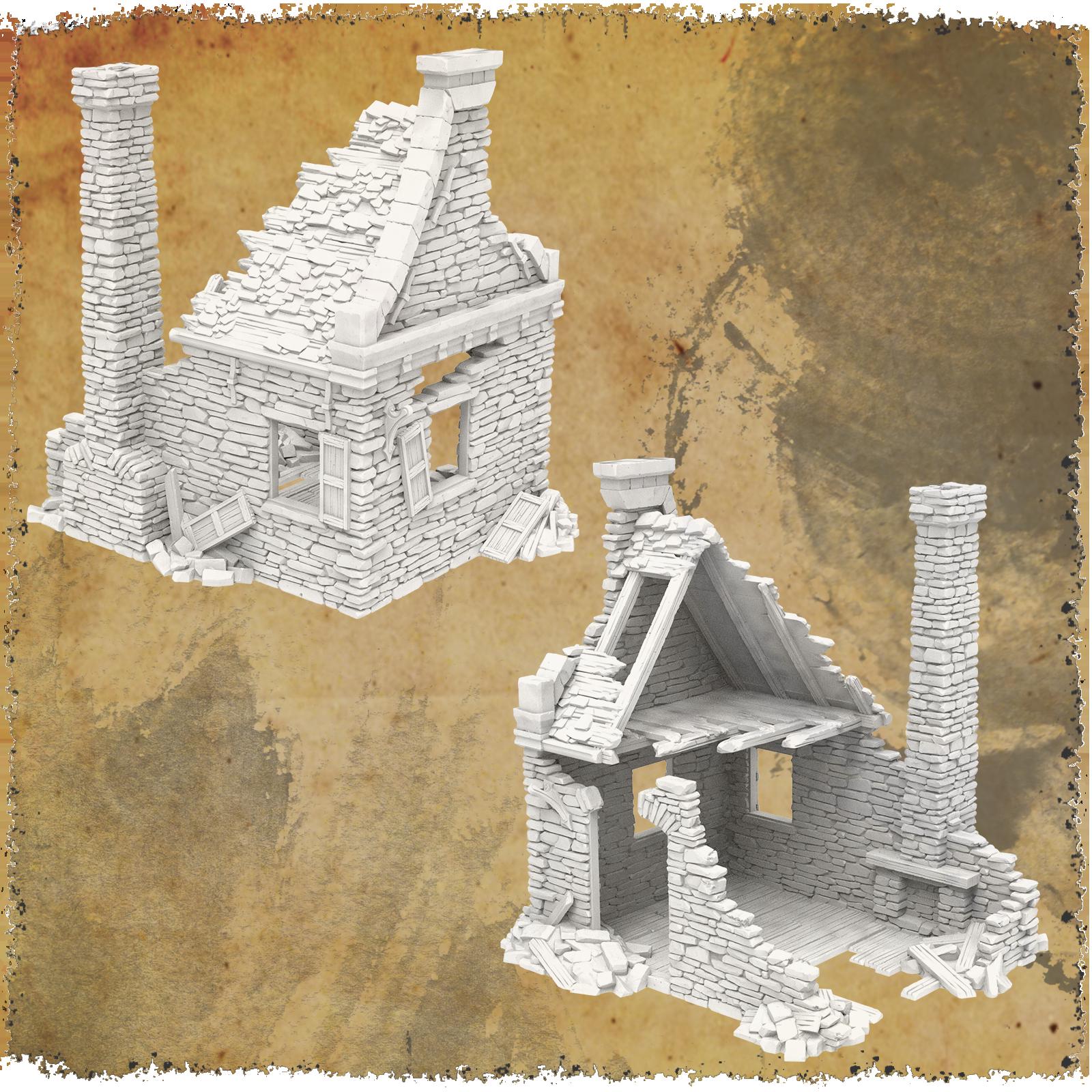 Grimdale Steele Residence Ruin for tabletop wargaming, ruined residence, DnD, Pathfinder, Bolt Action, Revolutionary War games, 3D printed PLA terrain, high-quality ruins, realistic textures, strategic gameplay, RPG scenery.