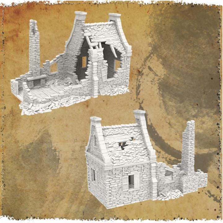 Grimdale Walter&#39;s Residence Ruin for tabletop wargaming, ruined residence, DnD, Pathfinder, Bolt Action, Revolutionary War games, 3D printed PLA terrain, high-quality ruins, realistic textures, strategic gameplay, RPG scenery.