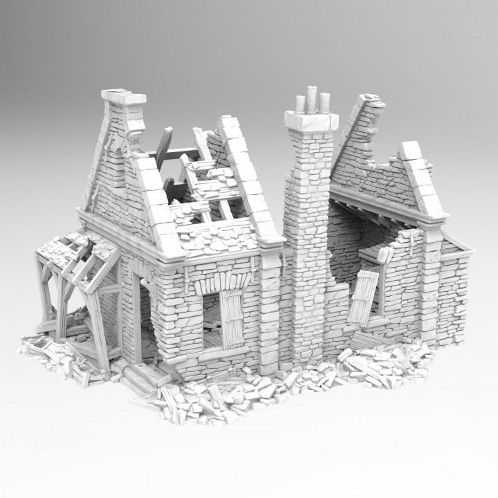 Grimdale Walter&#39;s Bakery Ruin for tabletop wargaming, ruined bakery, DnD, Pathfinder, Bolt Action, Revolutionary War games, 3D printed PLA terrain, high-quality ruins, realistic textures, strategic gameplay, RPG scenery.