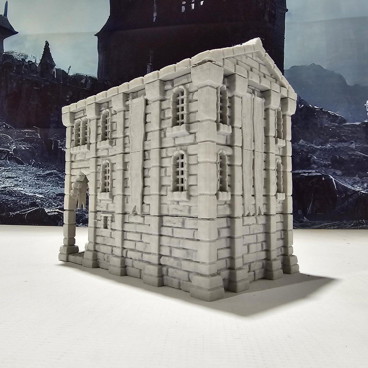 Detailed 3D-printed medieval city bank with stone walls, ornate columns, and banking hall, perfect for tabletop RPGs like Dungeons & Dragons and Pathfinder.