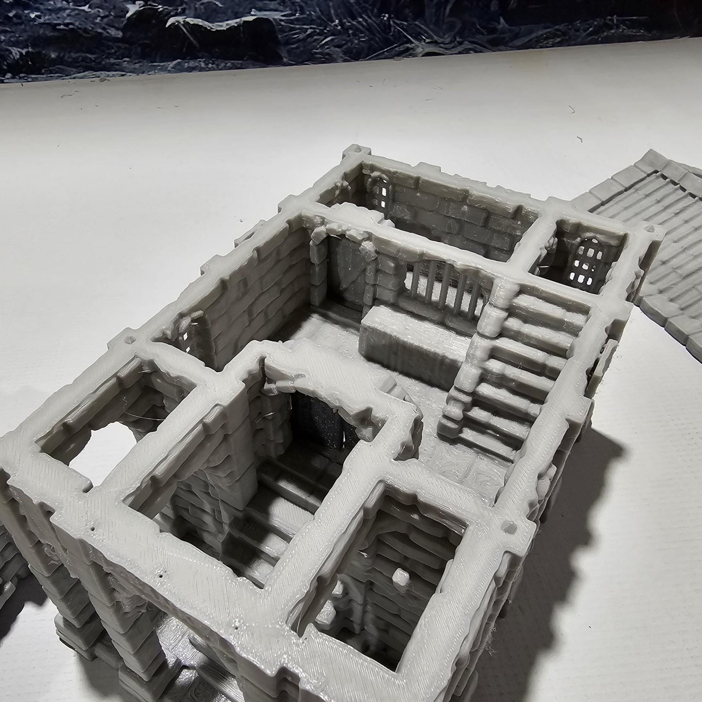 Detailed 3D-printed medieval city bank with stone walls, ornate columns, and banking hall, perfect for tabletop RPGs like Dungeons & Dragons and Pathfinder.