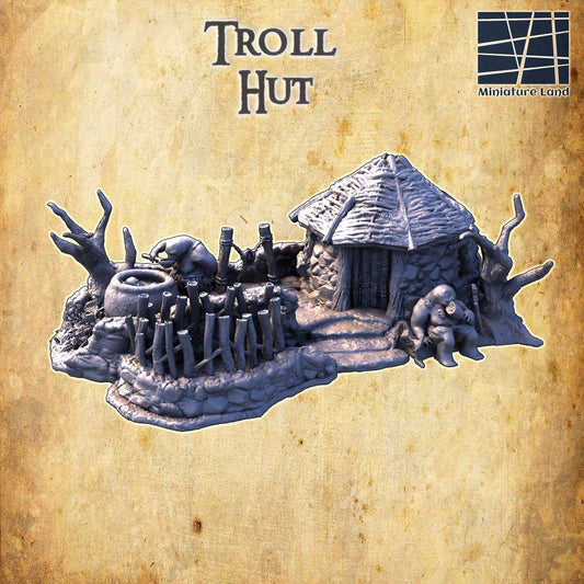 Troll Hut for tabletop wargaming featuring a rustic, rugged design with detailed wooden structure and thatched roof. Ideal for forest encounters and wilderness adventures in Warhammer, D&D, Pathfinder, and fantasy-themed games.