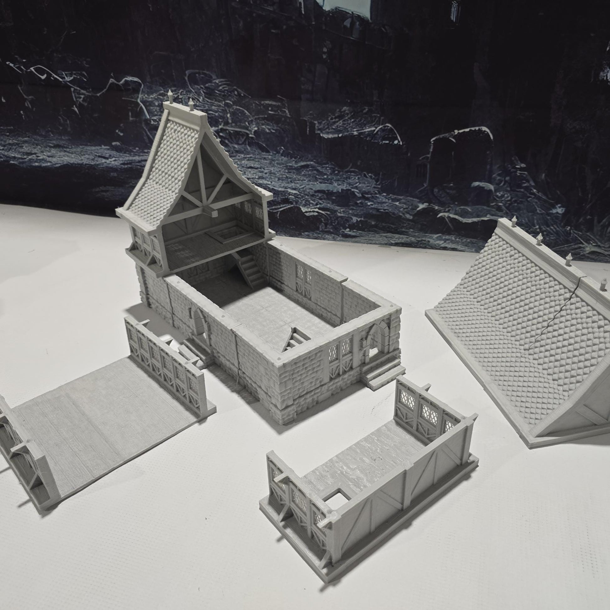 A detailed 3D-printed model of a modular warehouse for tabletop RPGs like DnD and Pathfinder. Features include brick walls, metal beams, storage crates, shelving units, and broken machinery. Perfect for urban and industrial gaming scenarios