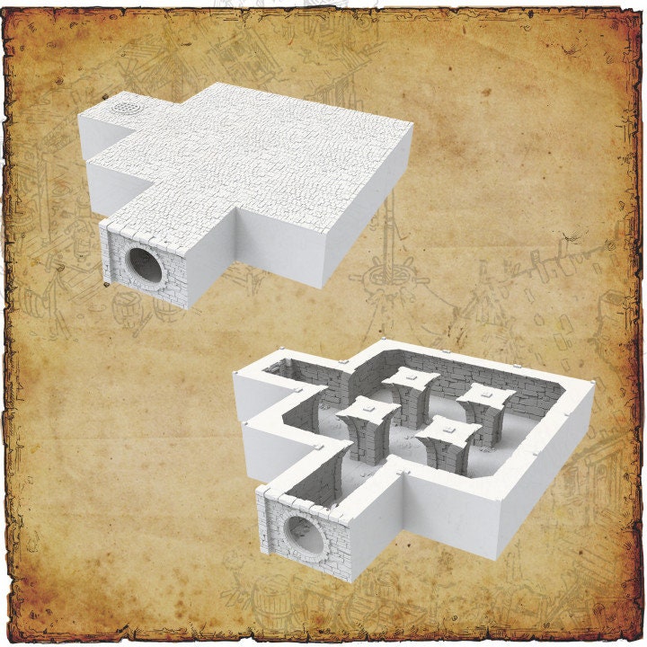 Detailed 3D-printed Ancrabourg Sewer System set for tabletop RPGs like DnD and Pathfinder. Features include intricate stone walls, water entries, manholes, and connecting tunnels. Ideal for adding depth and immersion to underground and sewer