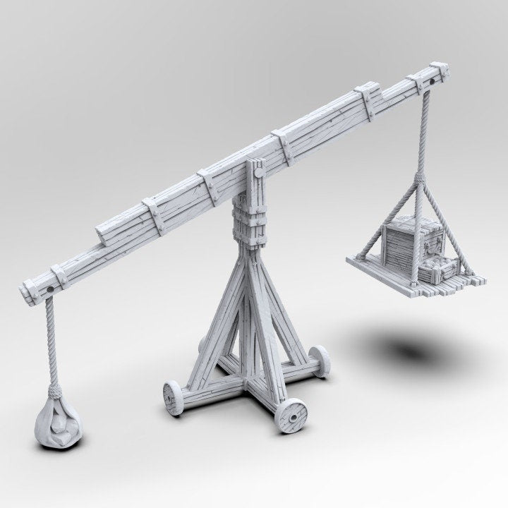 The Balance Crane model features a detailed counterweight mechanism, a pivoting boom, and a realistic wooden frame, perfect for medieval and fantasy tabletop settings.