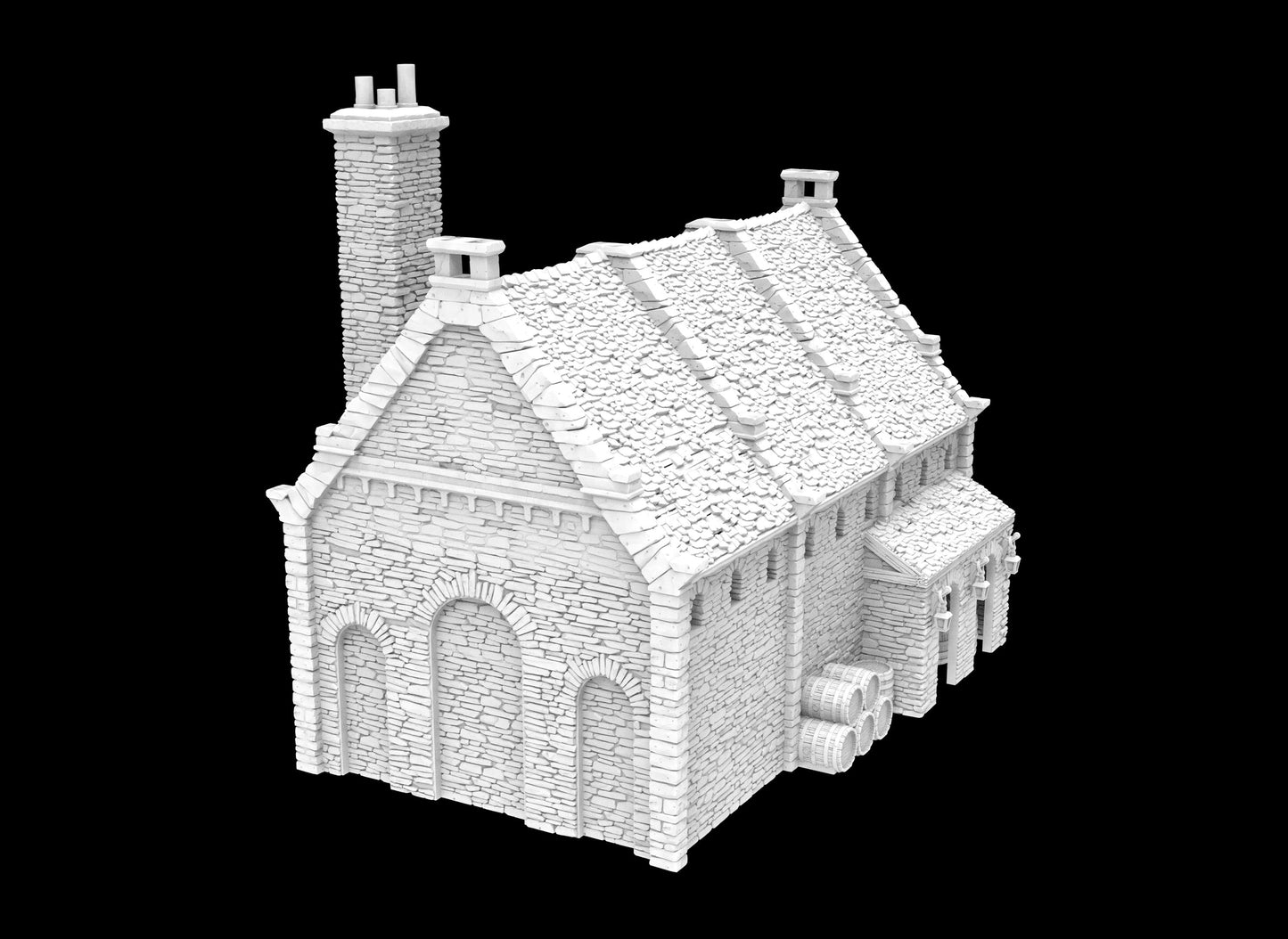 3D-printed model of Moore&#39;s Brewery, showcasing intricate stonework & period-accurate architectural features from the late 1700s to early 1800s. The building includes detailed interior rooms, brewing equipment, offering a realistic historical setting