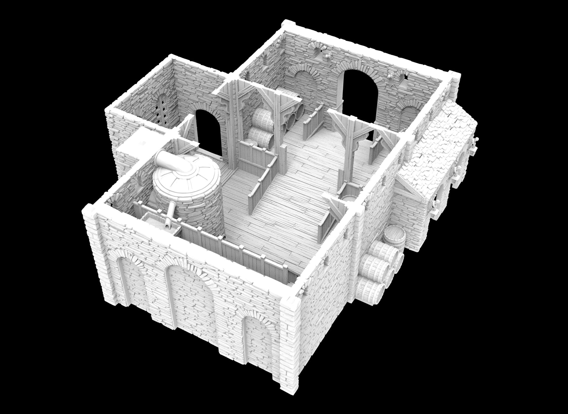 3D-printed model of Moore&#39;s Brewery, showcasing intricate stonework & period-accurate architectural features from the late 1700s to early 1800s. The building includes detailed interior rooms, brewing equipment, offering a realistic historical setting