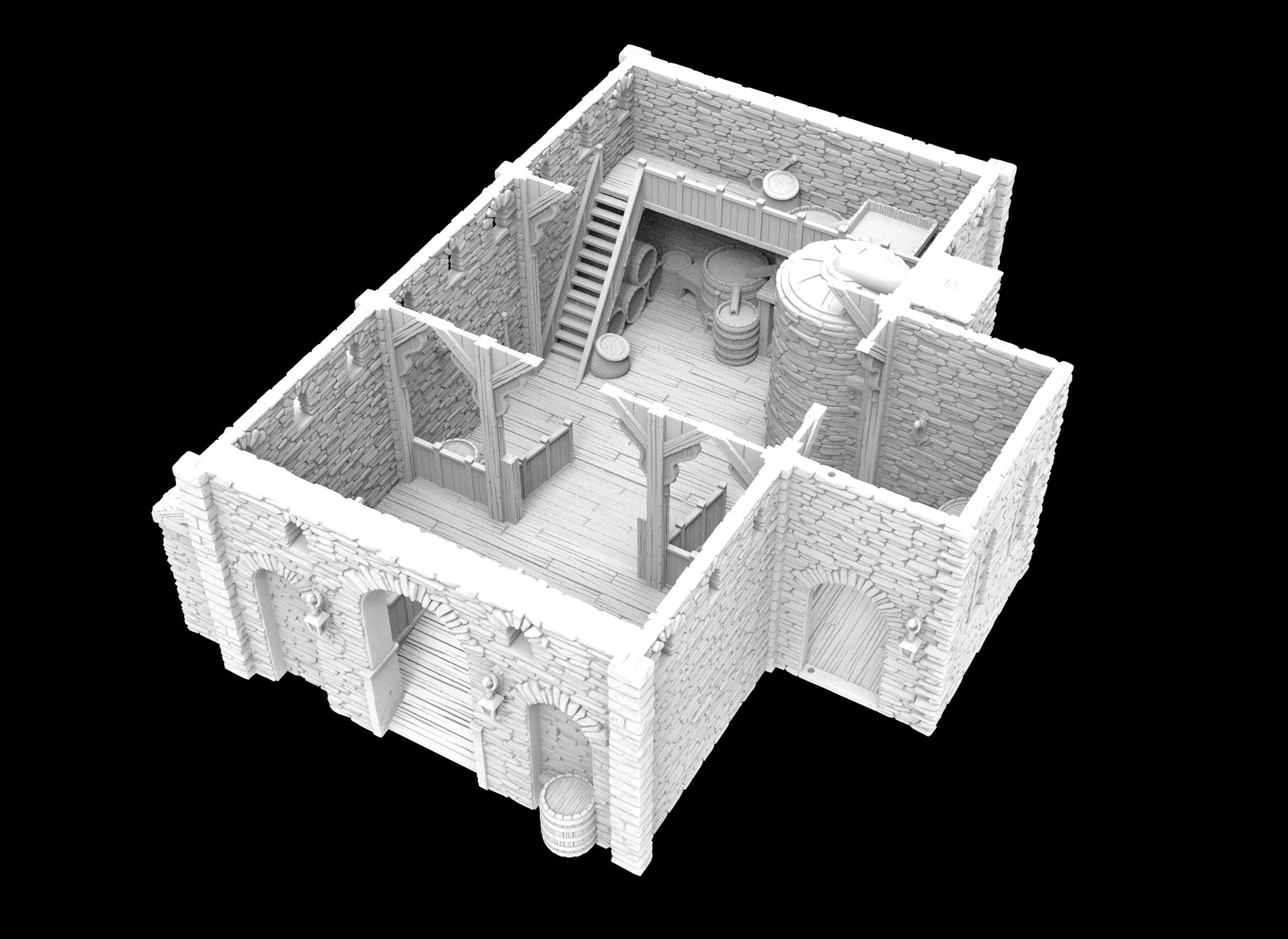 3D-printed model of Moore&#39;s Brewery, showcasing intricate stonework & period-accurate architectural features from the late 1700s to early 1800s. The building includes detailed interior rooms, brewing equipment, offering a realistic historical setting