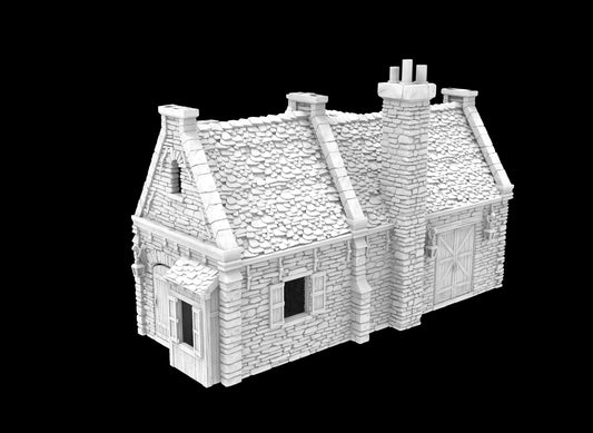 3D-printed model of the Thornewood Residence, showcasing rustic stone walls, a slate roof, multiple chimneys, & an adjoining barn. The interior includes multiple rooms and a central fireplace, offering a versatile setting for various gameplay