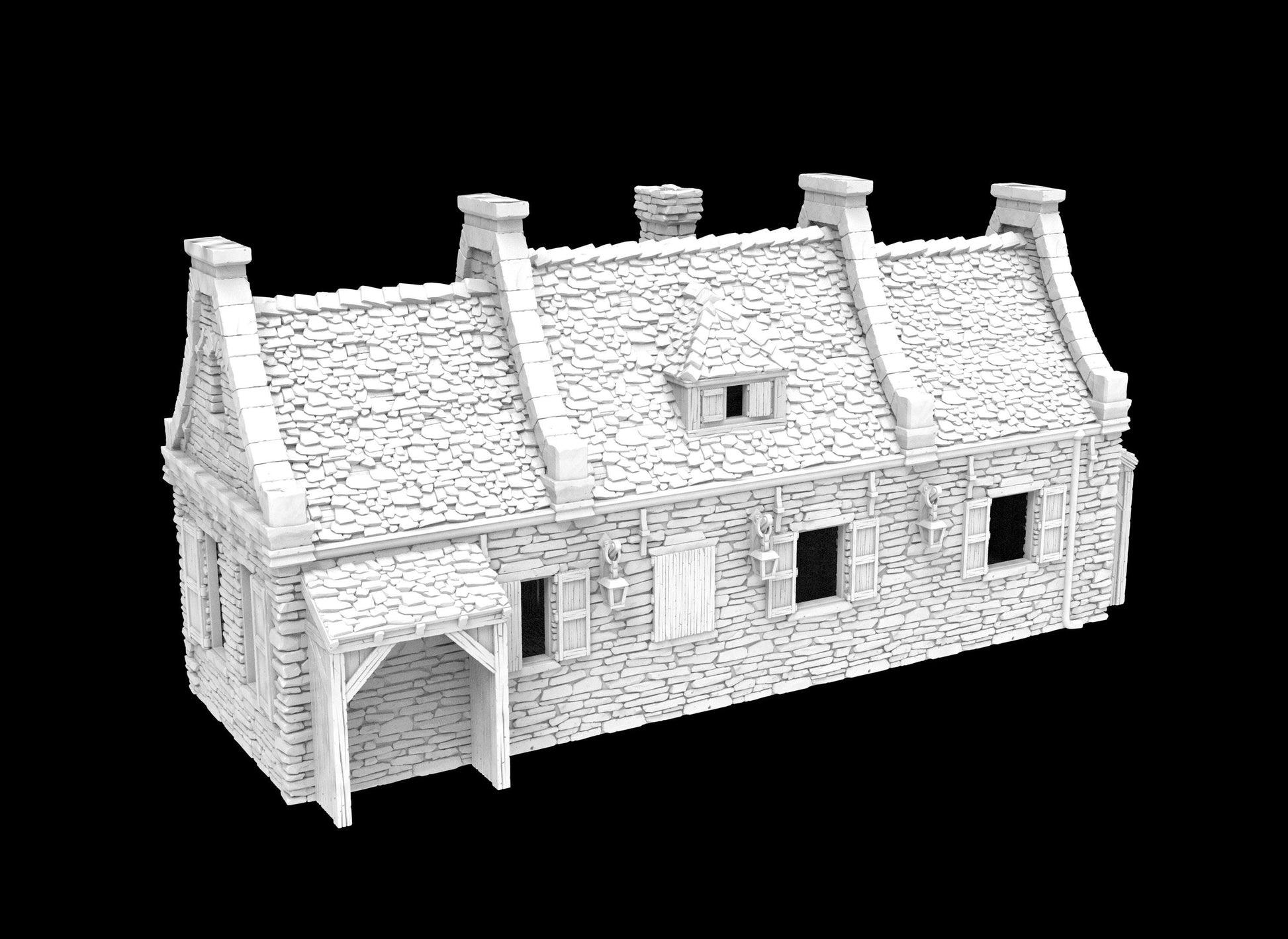 colonial-era stone house with detailed textures, featuring two rooms, multiple chimneys, and a front porch. The structure includes a realistic wooden floor and stone exterior, ideal for tabletop RPGs and wargaming scenarios.