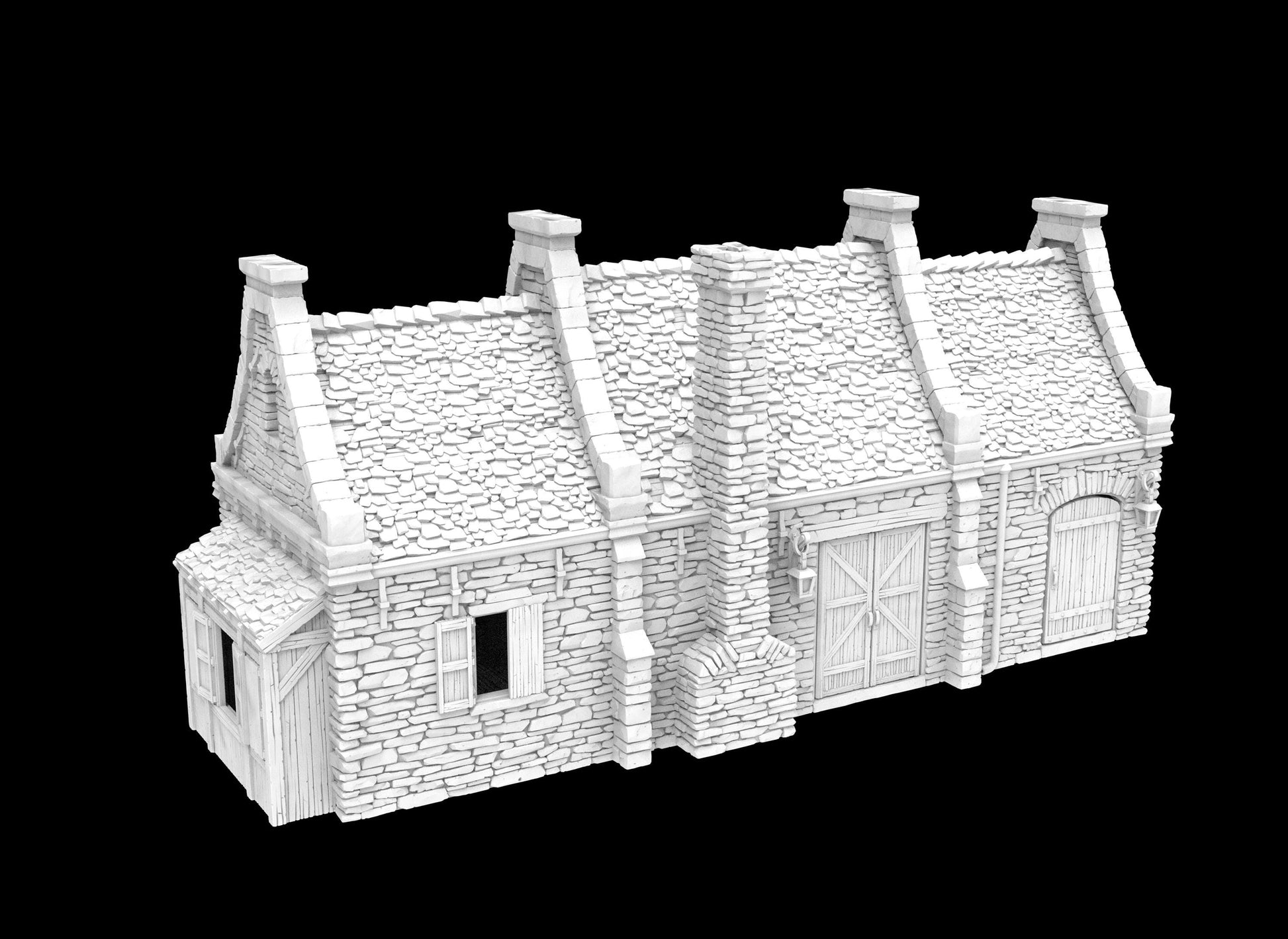 colonial-era stone house with detailed textures, featuring two rooms, multiple chimneys, and a front porch. The structure includes a realistic wooden floor and stone exterior, ideal for tabletop RPGs and wargaming scenarios.