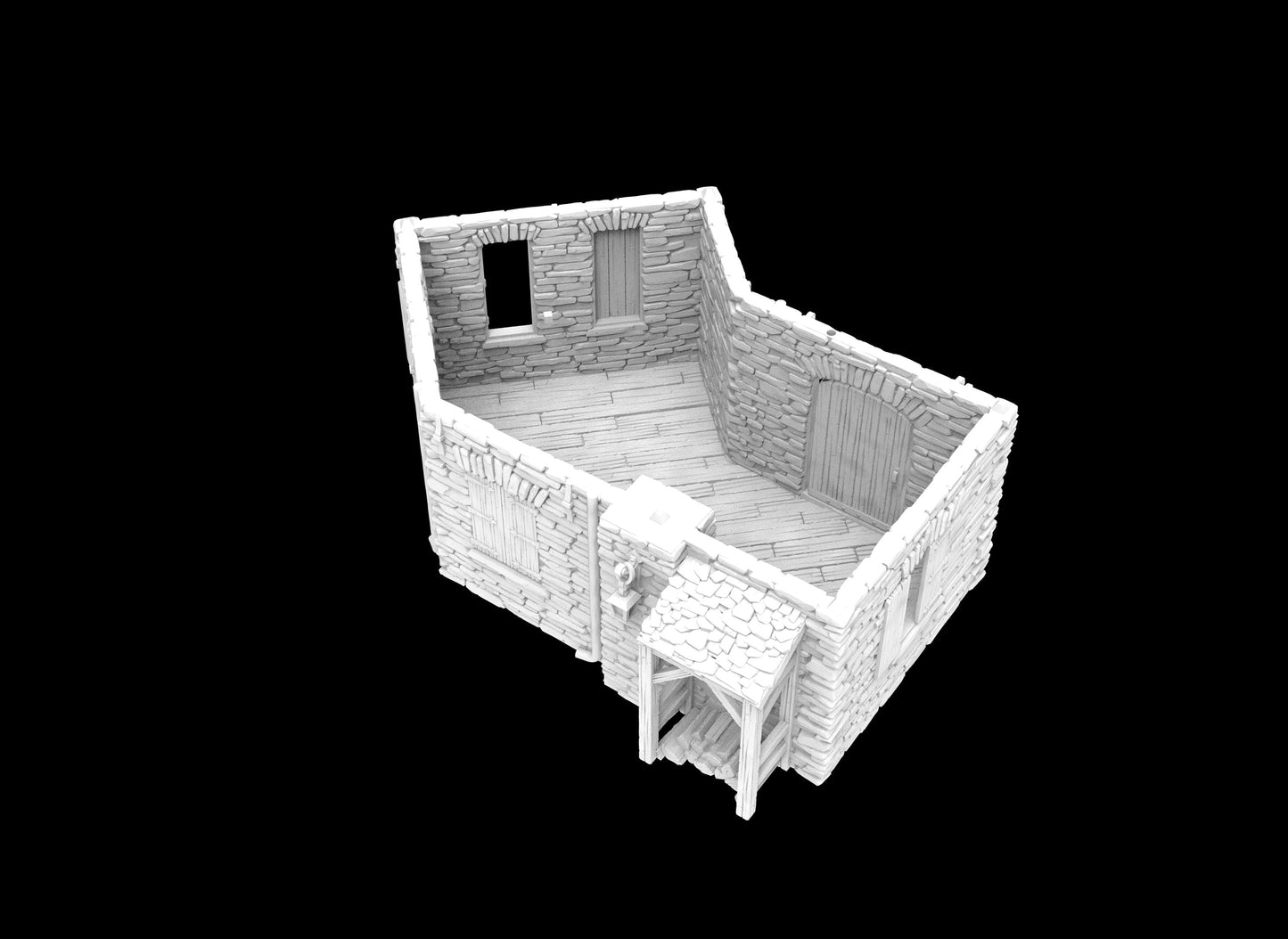 3D-printed model of a small stone house, featuring a sloped roof, chimney, and covered entryway. The interior offers an open single-room layout, perfect for tabletop gameplay. Ideal for historical and fantasy settings, enhancing immersion