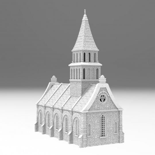 The Greendale Church stands as a grand representation of colonial architecture, complete with a towering steeple and detailed stonework. The removable roof reveals a spacious multi-level interior, perfect for immersive gameplay and storytelling.