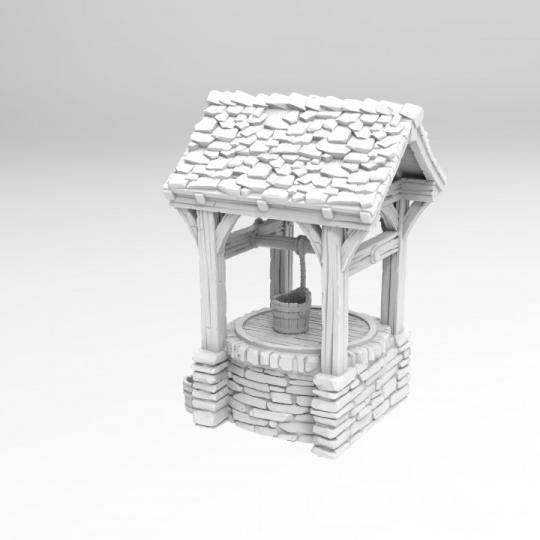 The water well model features a detailed stone base with a wooden roof and bucket, perfect for adding a touch of rustic charm to any tabletop setting. The intricate textures and realistic design make it an excellent accessory for historical games.