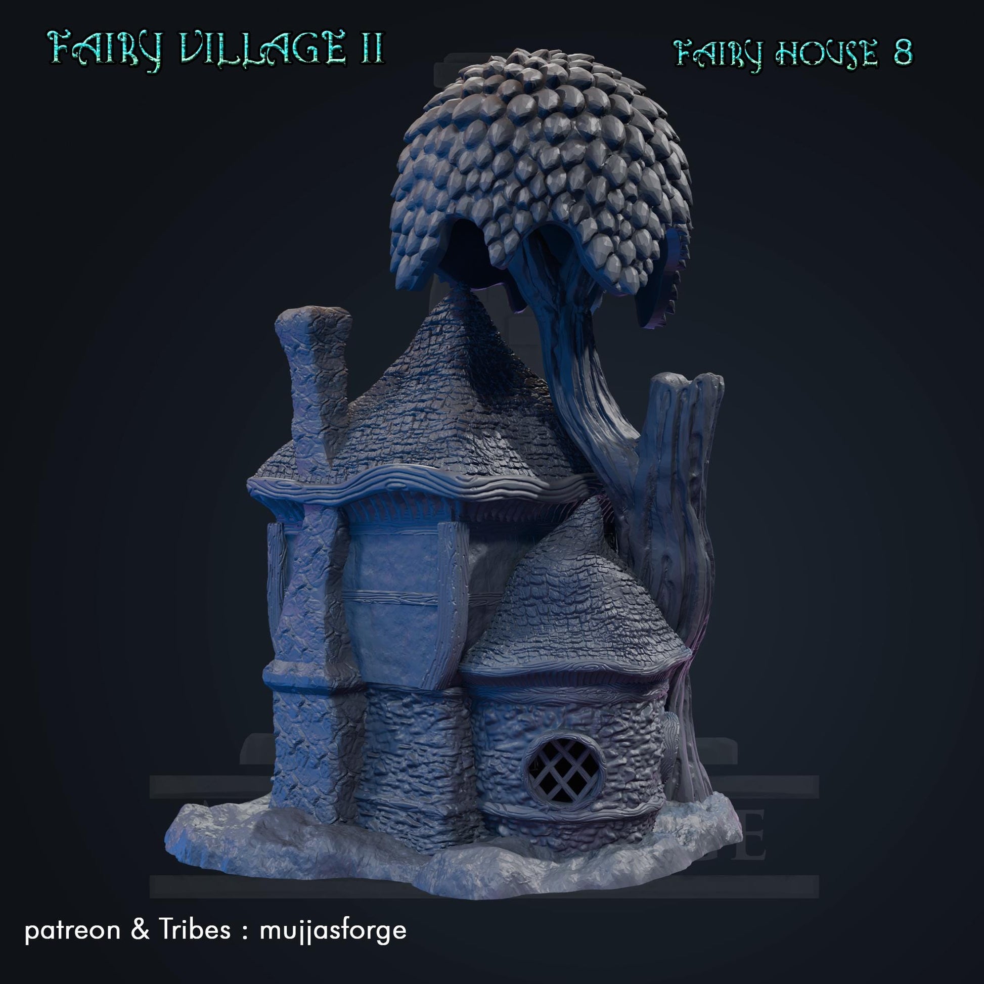 A whimsical fantasy cottage with a large mushroom-shaped roof and detailed stone walls. The structure includes rounded windows, a wooden door, and a balcony adorned with wooden beams. The model exudes a magical, fairy-tale perfect for tabletop games