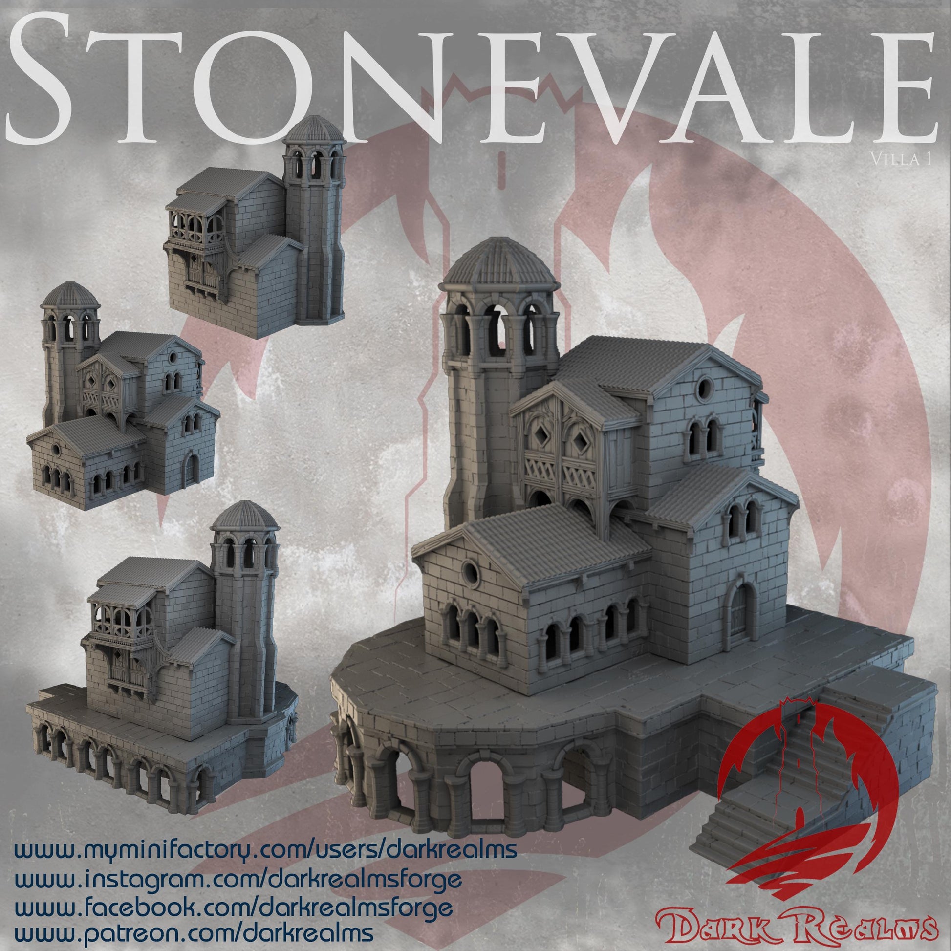 A detailed medieval villa with domed towers and rounded arches, perfect for fantasy or historical tabletop games, featuring robust stone construction and intricate architectural details.