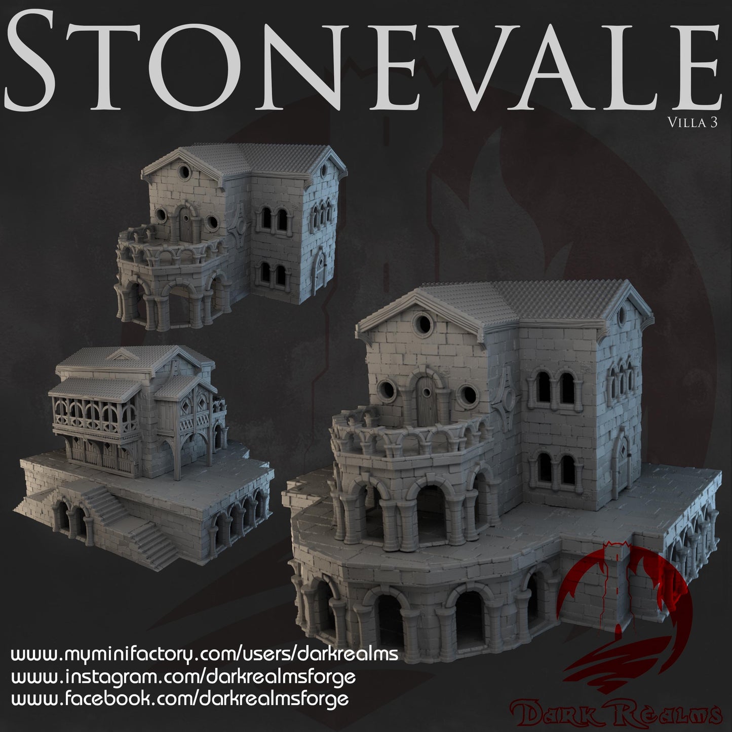 Stonevale Villa 3 showcases a grand fantasy villa with detailed stone arches, balconies, and a spacious terrace. Perfect for D&D, model railroading, and wargaming, this piece adds medieval splendor to any setting.