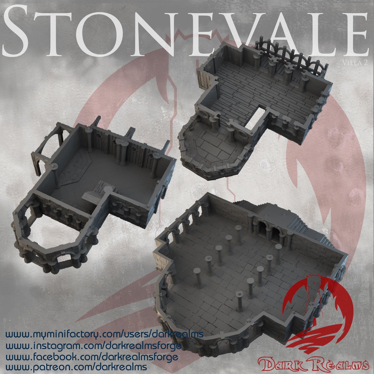 Stonevale Villa 3 showcases a grand fantasy villa with detailed stone arches, balconies, and a spacious terrace. Perfect for D&D, model railroading, and wargaming, this piece adds medieval splendor to any setting.