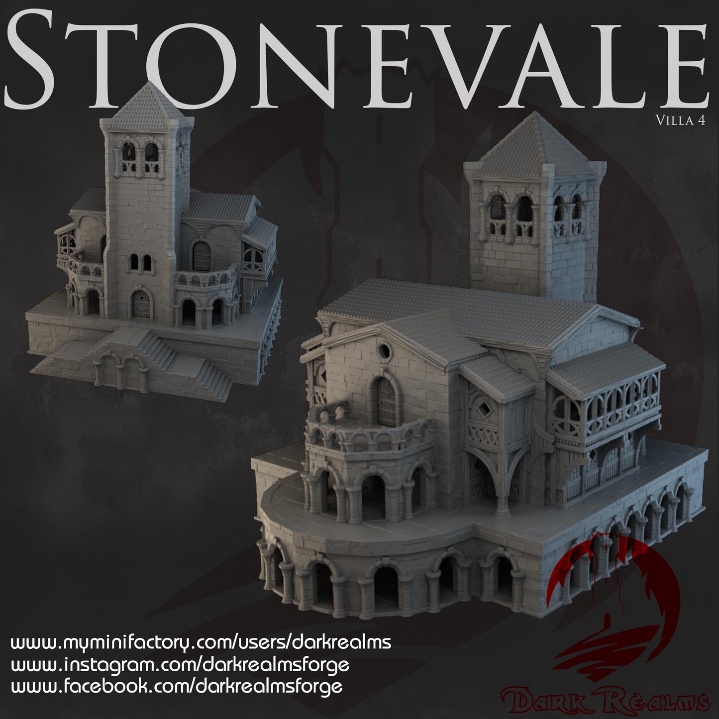 Stonevale Villa 4, a modular medieval stone building with three interchangeable towers. Featuring detailed exteriors with archways, balconies, and intricate stonework. Perfect for D&D, model railroading, and wargaming setups.