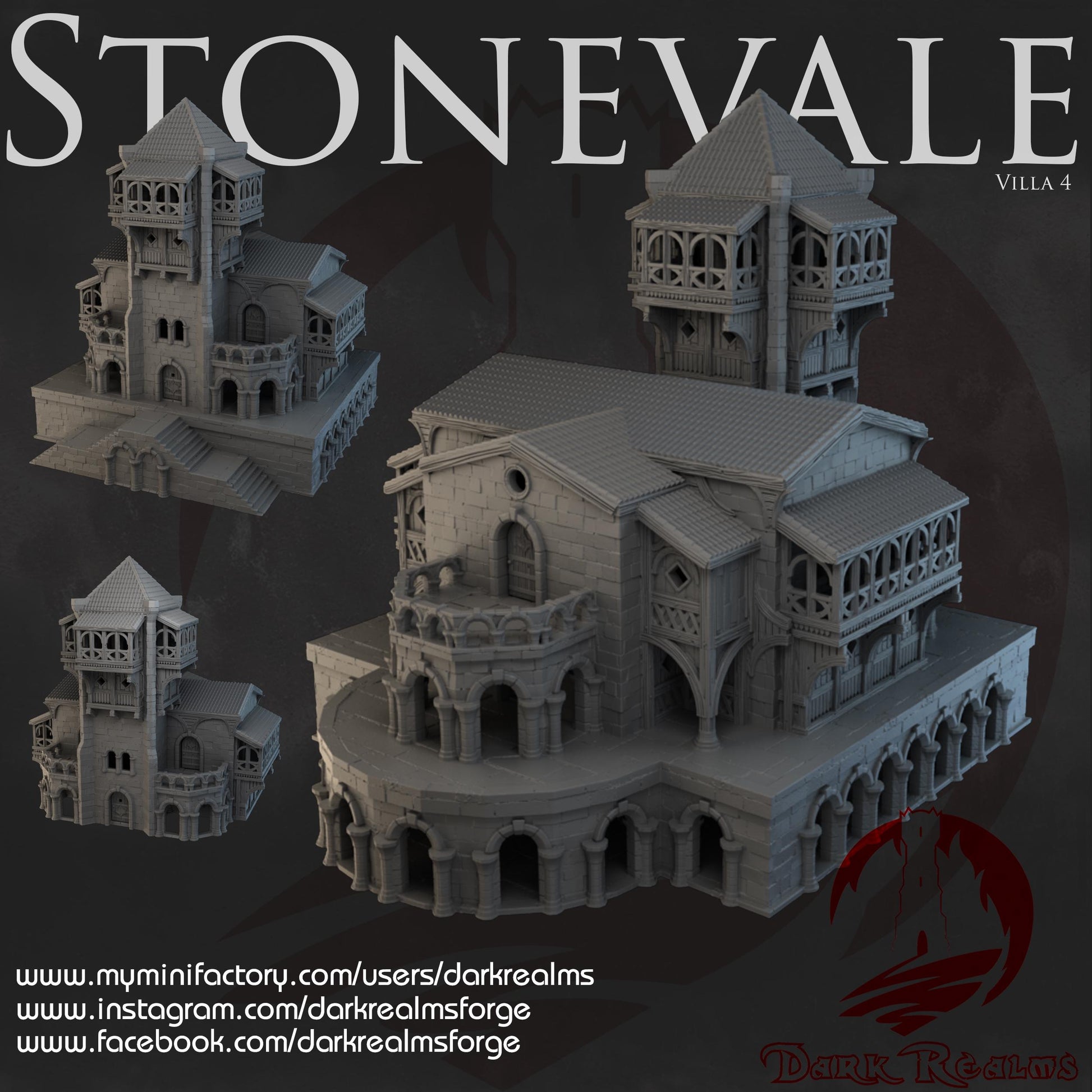 Stonevale Villa 4, a modular medieval stone building with three interchangeable towers. Featuring detailed exteriors with archways, balconies, and intricate stonework. Perfect for D&D, model railroading, and wargaming setups.