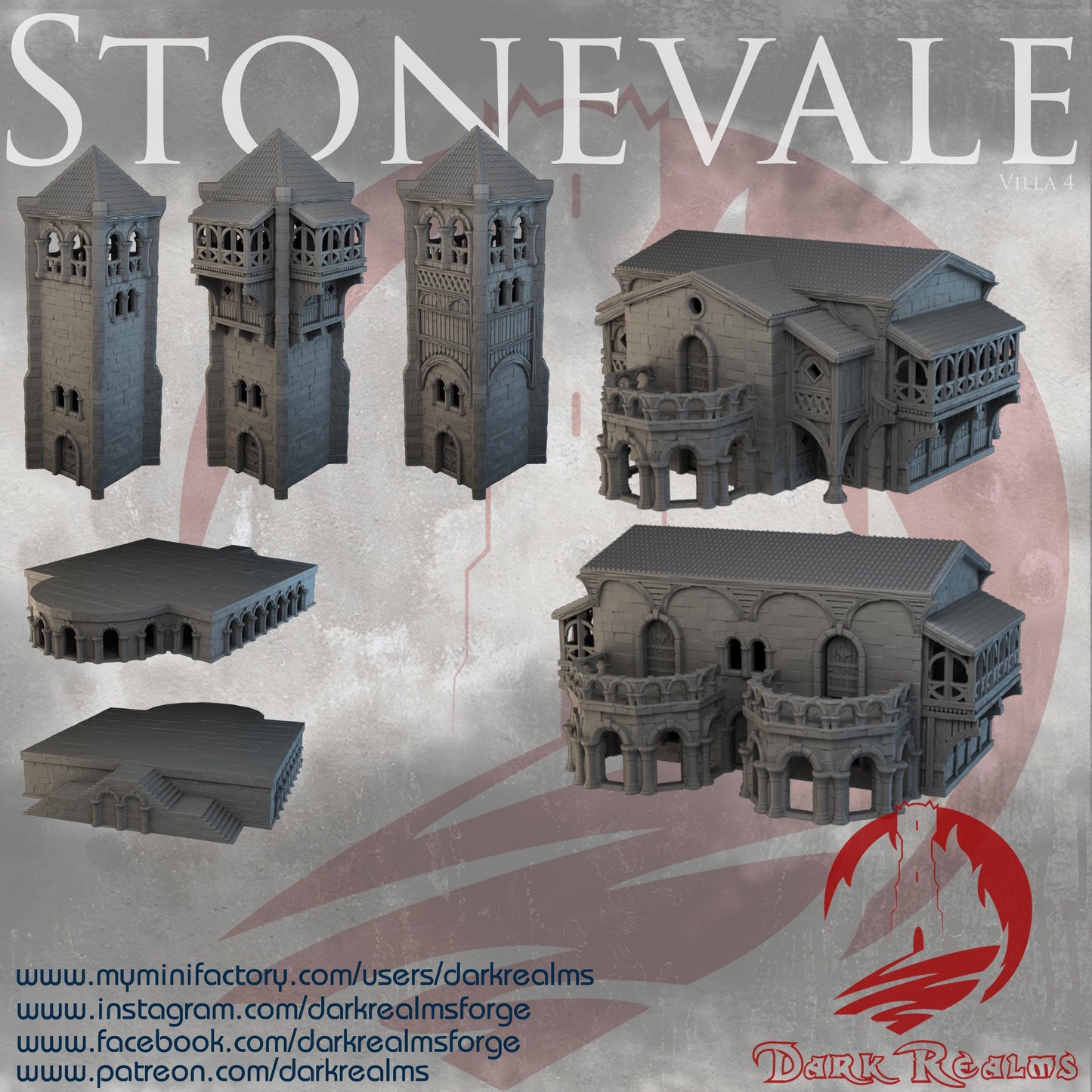 Stonevale Villa 4, a modular medieval stone building with three interchangeable towers. Featuring detailed exteriors with archways, balconies, and intricate stonework. Perfect for D&D, model railroading, and wargaming setups.