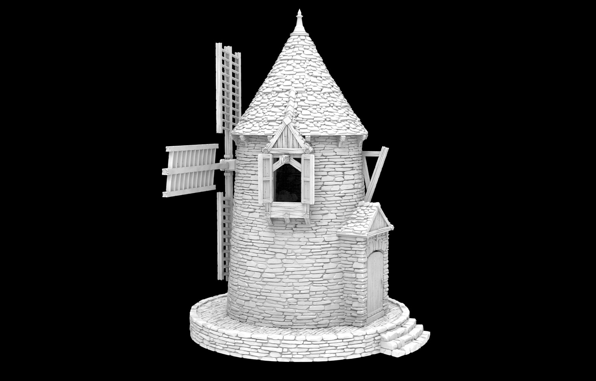 Detailed Greendale Windmill with stone texture, wooden sails, and conical roof. Working sails for added realism. Removable parts for interior access and gameplay versatility. Ideal for enhancing historical or fantasy tabletop settings.