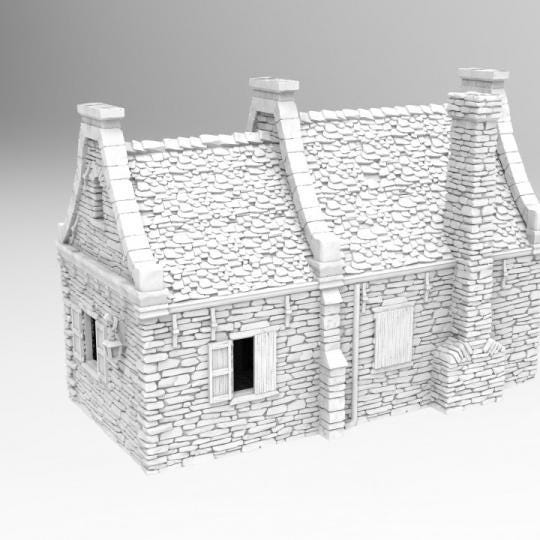 Walter&#39;s Residence is a colonial-era stone house featuring a detailed stone exterior, twin gables, and a rustic ambiance. The interior includes two spacious rooms with a fireplace and wooden floors. Ideal for tabletop RPGs and wargaming.