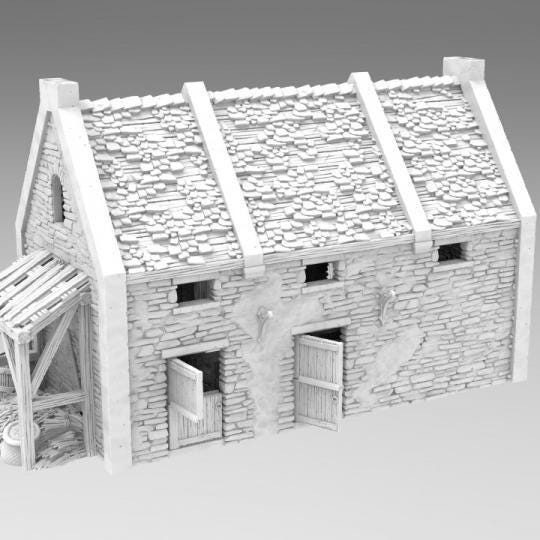 Stone cattle shed with a pitched roof and large wooden doors, featuring a loft area for versatile play. The model has detailed stone walls and a rustic appearance, perfect for historical and fantasy settings.