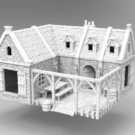 A cozy colonial tavern with stone and wood details, featuring a welcoming porch, bar area, and rustic interior with tables and a fireplace. Perfect for adding historical realism to tabletop RPGs and wargames.