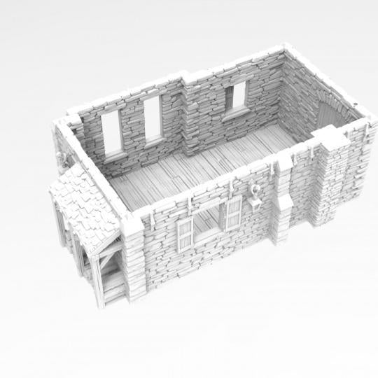 A detailed 3D model of a colonial-style house with stone walls, a steep roof, and a small porch. The interior is a single large room with wooden floors and a hearth, reflecting late 1700s architecture.