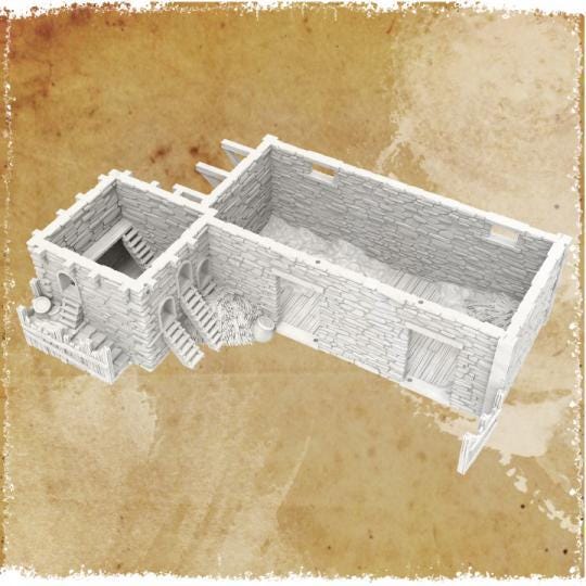 Greendale Pigsty and Chicken Coop model shows a rustic stone exterior with a conical roofed chicken coop and adjacent larger building. The interior features separate areas for animal sheltering and feed storage.