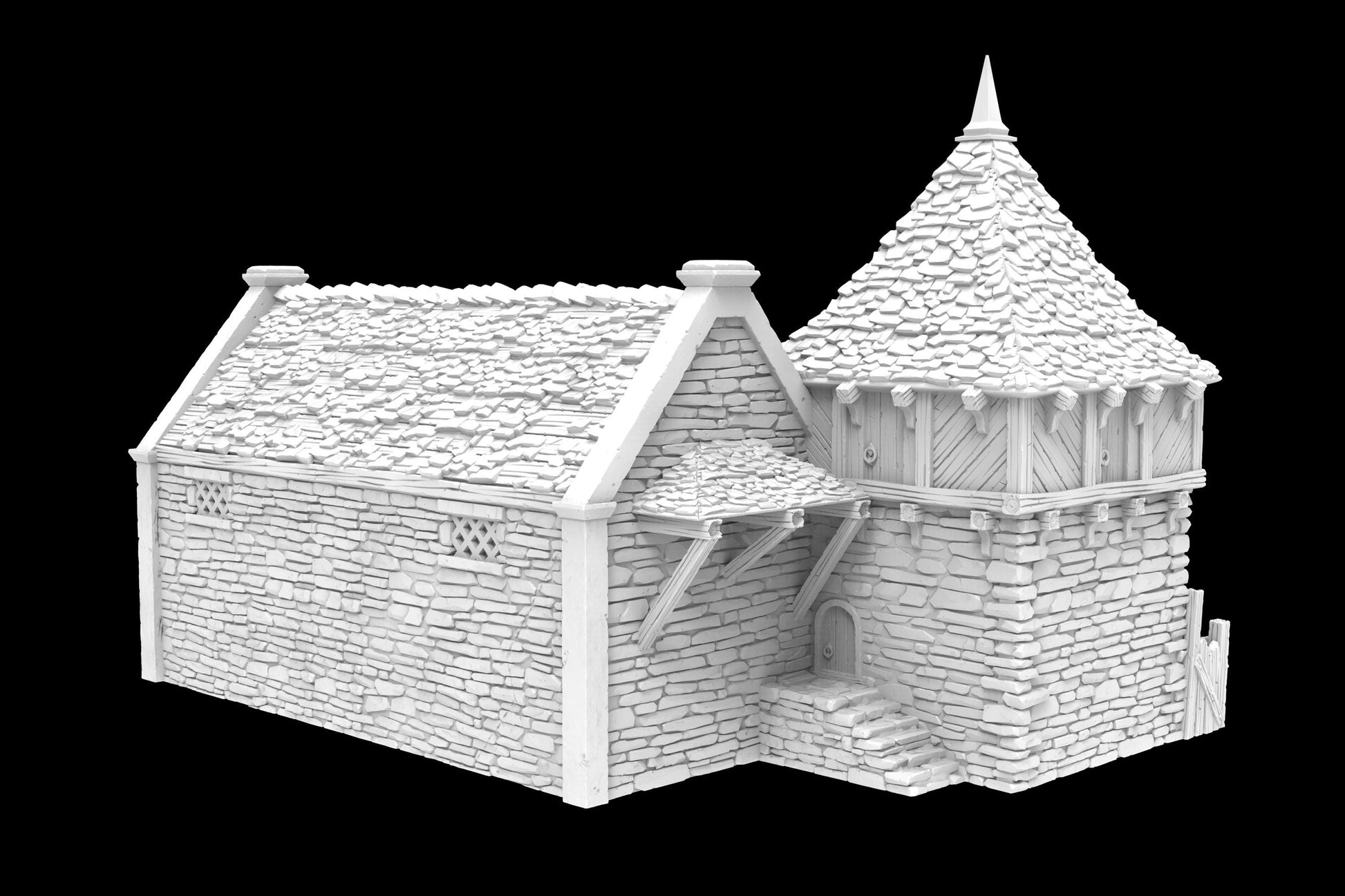 Greendale Pigsty and Chicken Coop model shows a rustic stone exterior with a conical roofed chicken coop and adjacent larger building. The interior features separate areas for animal sheltering and feed storage.