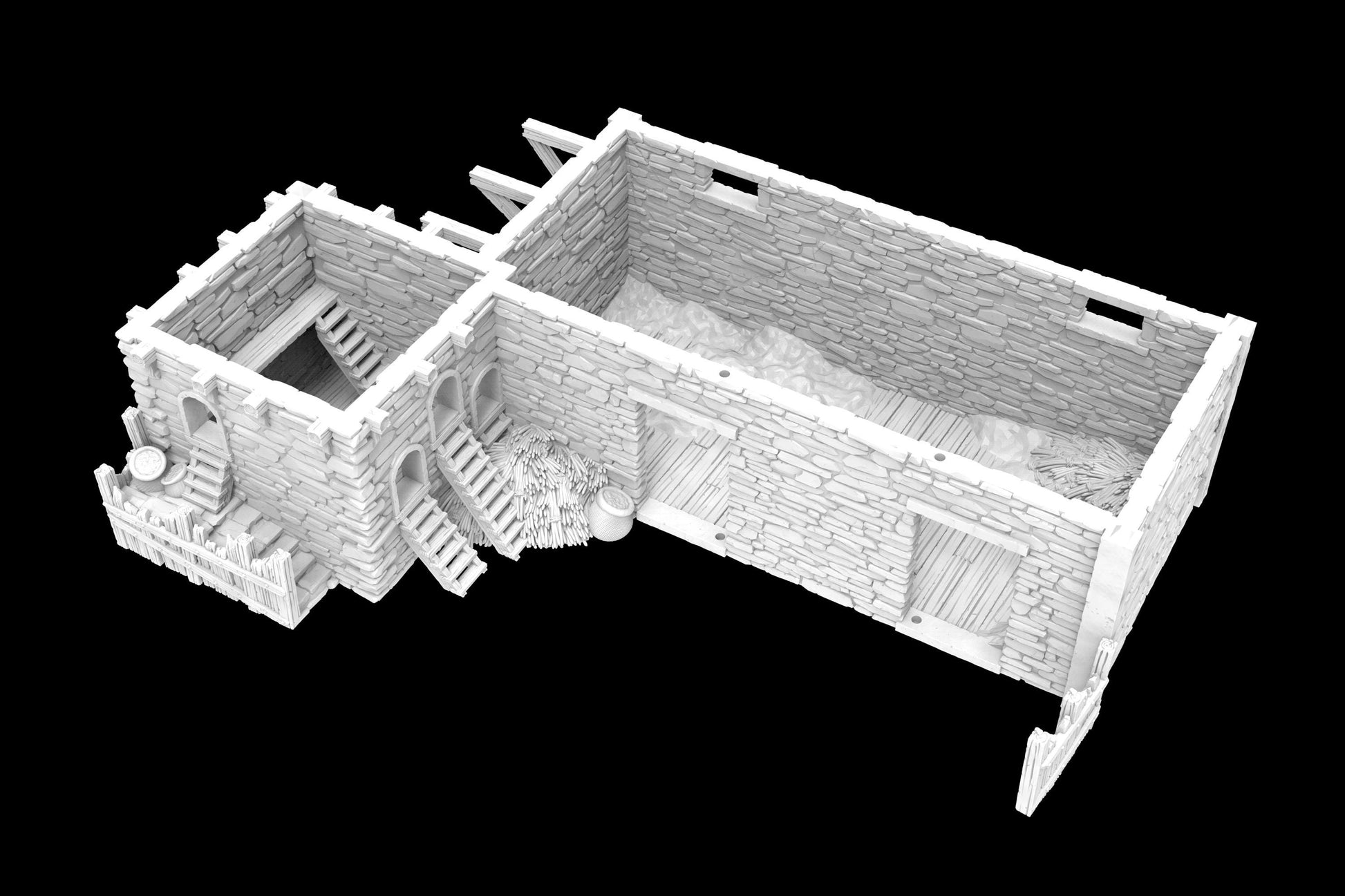 Greendale Pigsty and Chicken Coop model shows a rustic stone exterior with a conical roofed chicken coop and adjacent larger building. The interior features separate areas for animal sheltering and feed storage.