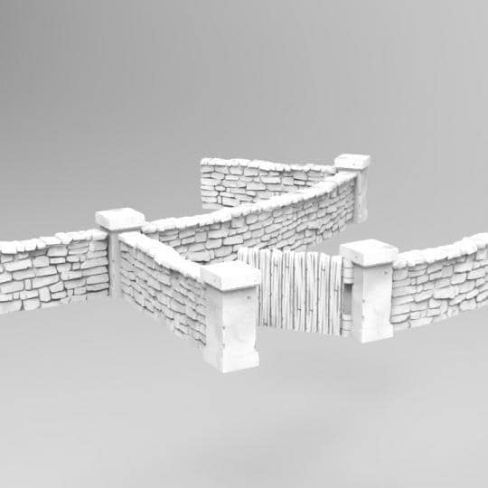 Stone Crumbled Walls set includes standalone columns, gated entrances, and various wall segments with realistic crumbling textures. The detailed stonework adds an authentic look to ancient ruins or decayed defenses, perfect for immersive tabletop