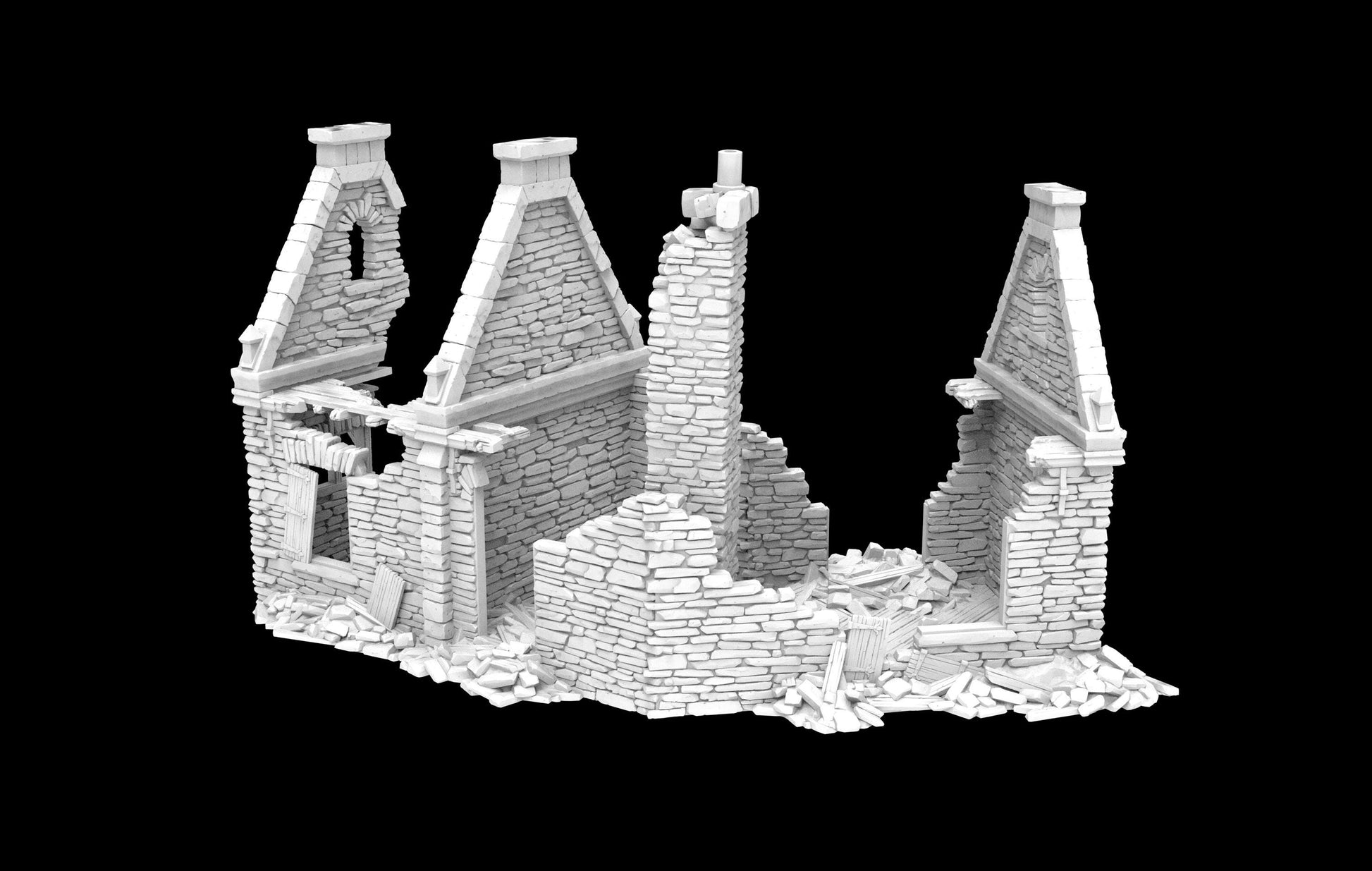 The Ward Residence captures the essence of a medieval ruined house with detailed stone walls, collapsed sections, and remnants of wooden beams. The model offers an atmospheric interior with visible debris, perfect for immersive tabletop scenarios.