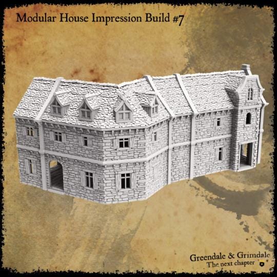 The modular building set includes a variety of stone-textured pieces with options for windows, doors, and roofs, allowing for the construction of up to nine distinct medieval-style buildings, perfect for creating immersive tabletop scenarios.