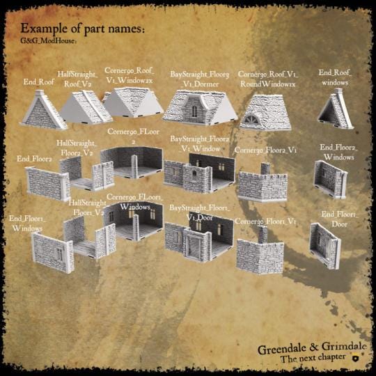 The modular building set includes a variety of stone-textured pieces with options for windows, doors, and roofs, allowing for the construction of up to nine distinct medieval-style buildings, perfect for creating immersive tabletop scenarios.