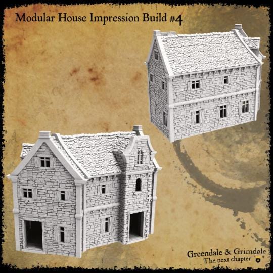 The modular building set includes a variety of stone-textured pieces with options for windows, doors, and roofs, allowing for the construction of up to nine distinct medieval-style buildings, perfect for creating immersive tabletop scenarios.