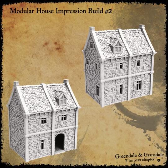 The modular building set includes a variety of stone-textured pieces with options for windows, doors, and roofs, allowing for the construction of up to nine distinct medieval-style buildings, perfect for creating immersive tabletop scenarios.