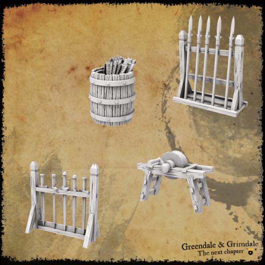 A detailed medieval armory featuring stone walls, a large gateway, weapon racks, a barrel of arrows, and a sharpening wheel. Ideal for enhancing tabletop RPGs and wargames with realistic and immersive scenery.