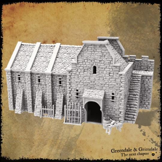 A detailed medieval armory featuring stone walls, a large gateway, weapon racks, a barrel of arrows, and a sharpening wheel. Ideal for enhancing tabletop RPGs and wargames with realistic and immersive scenery.