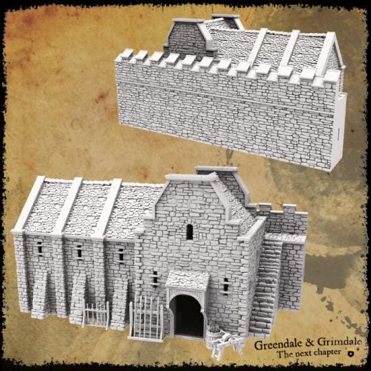 A detailed medieval armory featuring stone walls, a large gateway, weapon racks, a barrel of arrows, and a sharpening wheel. Ideal for enhancing tabletop RPGs and wargames with realistic and immersive scenery.