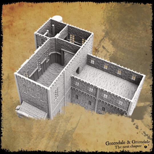 Greendale Castle features a large central keep, fortified walls with crenellations, and defensive towers. The castle includes detailed rooms, staircases, and battlements, offering both exterior and interior play options.